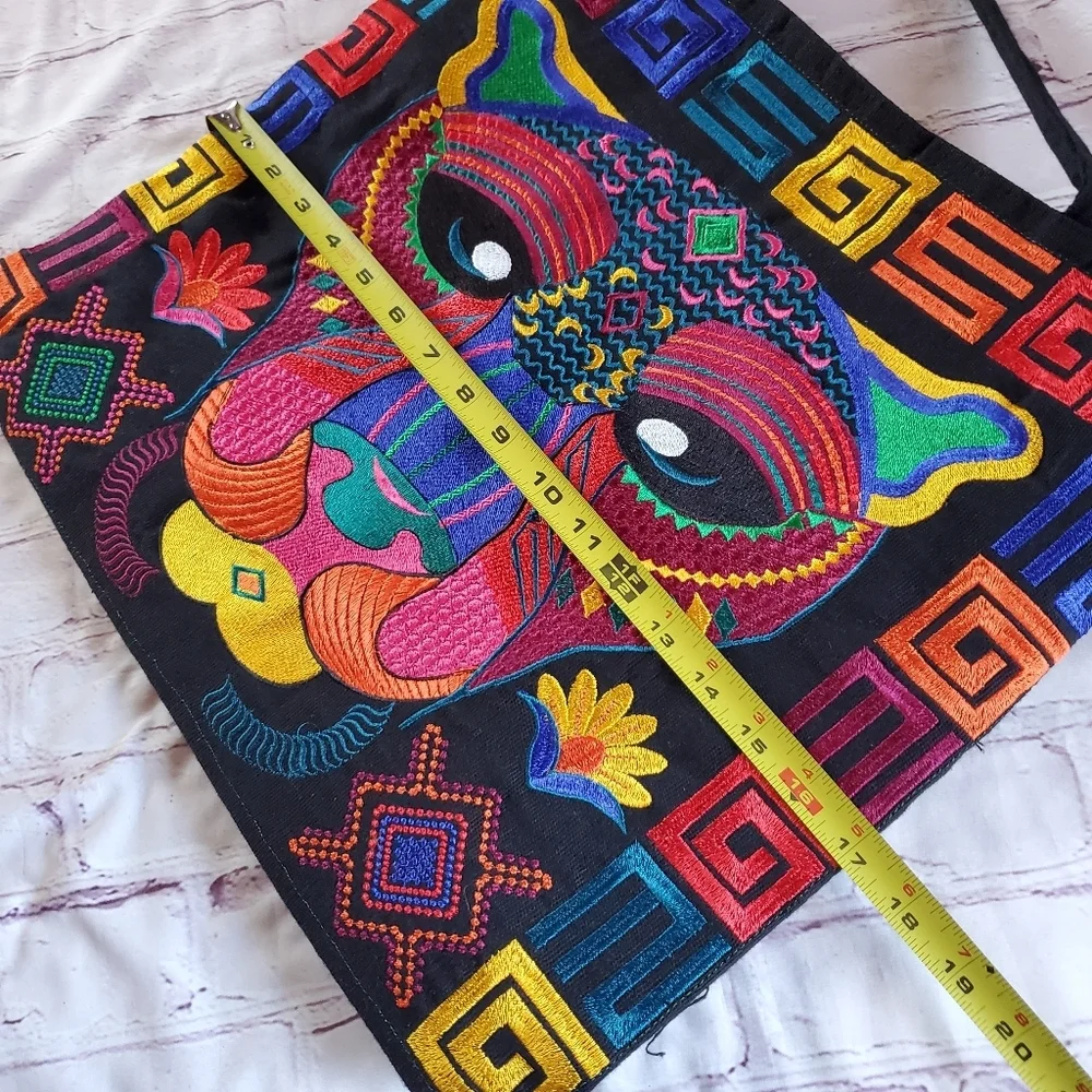 Embroidered Jaguars Tote Bag Multicolor Guatemalan Fabric Lined Zip Large Size